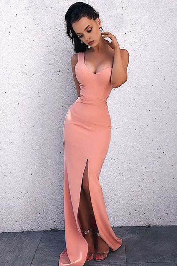 Robe fourreau Weitese à col en V et dos nu, rose blush, fendue, longue, robe de bal/soirée